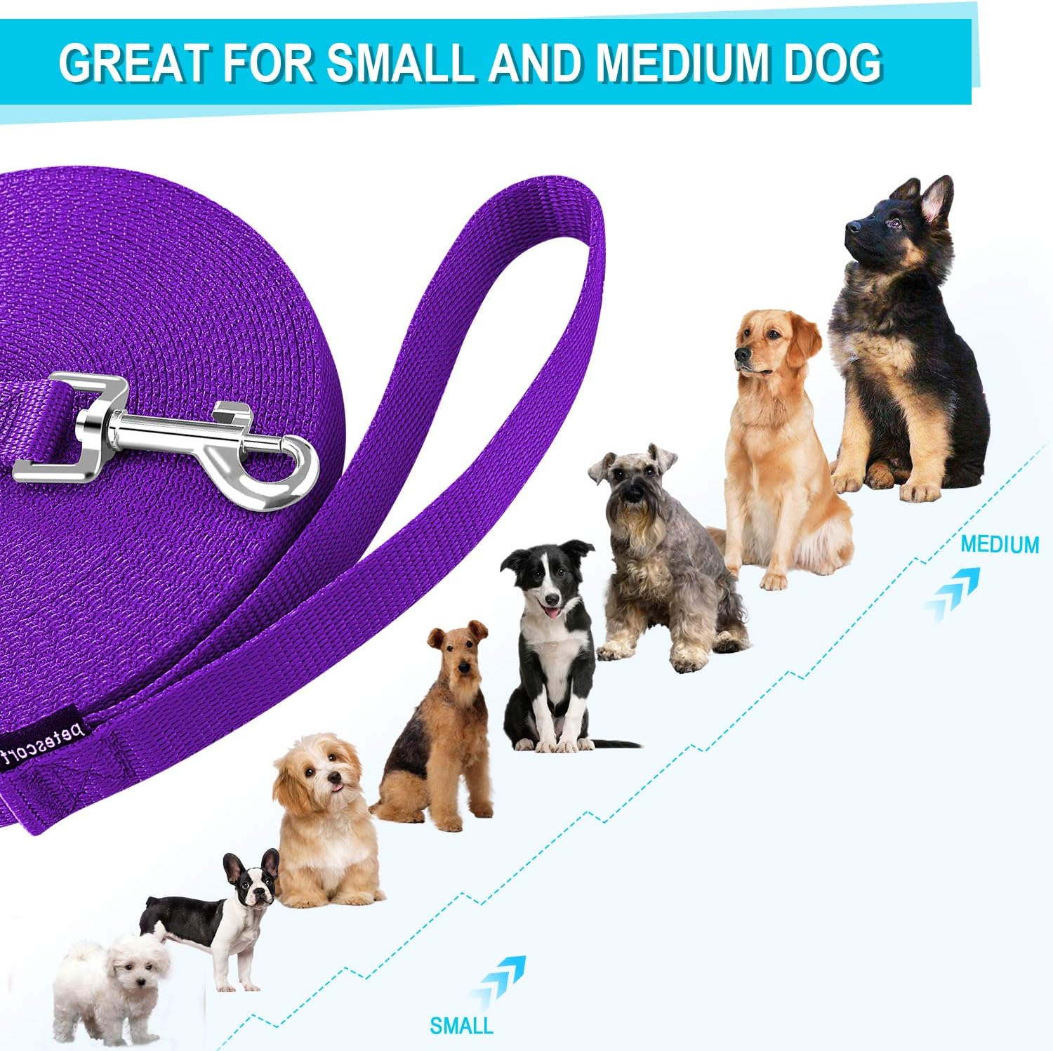 Dog/Puppy/Cat 15 Ft, 20 Ft, 30 Ft, 50 Ft Long Leash for Dog Cat Training, Play, Camping for Small, Medium Dogs or Cats(15 Feet,Purpule) - Image 5