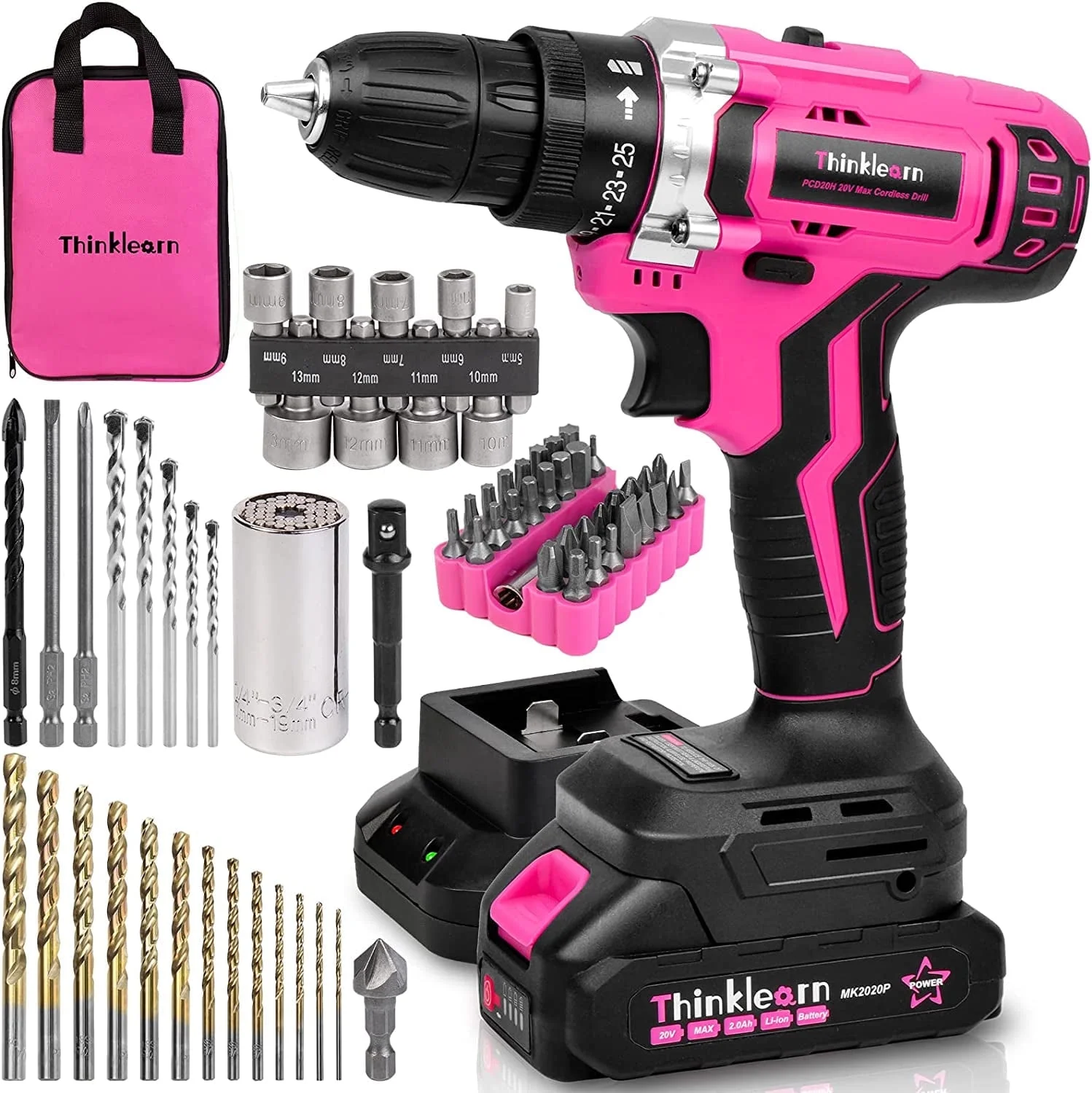Pink Cordless Drill Set, 20V Lithium-Ion Power Drill Set for Women with 67Pcs Drill Driver Bits, 3/8"Keyless Chuck, 25+1 Position Electric Drill, 2.0Ah Battery, Fast Charger and Storage Bag
