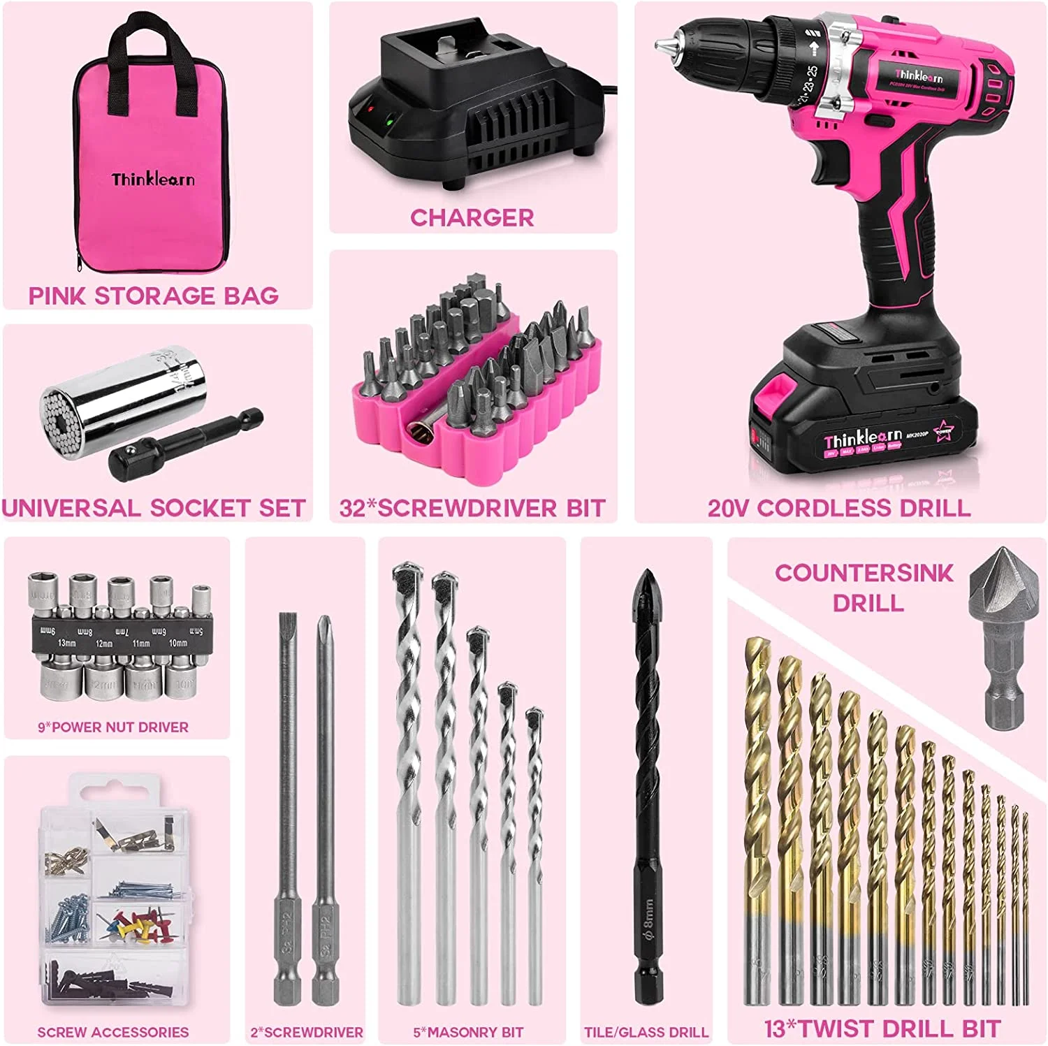 Pink Cordless Drill Set, 20V Lithium-Ion Power Drill Set for Women with 67Pcs Drill Driver Bits, 3/8"Keyless Chuck, 25+1 Position Electric Drill, 2.0Ah Battery, Fast Charger and Storage Bag - Image 9