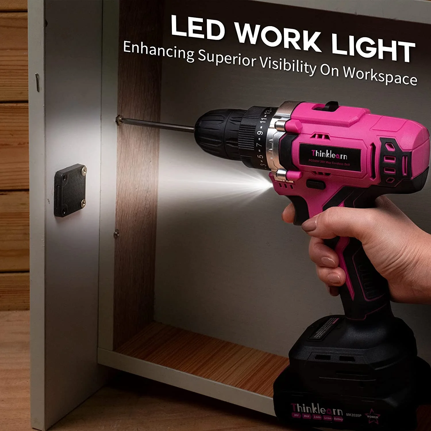 Pink Cordless Drill Set, 20V Lithium-Ion Power Drill Set for Women with 67Pcs Drill Driver Bits, 3/8"Keyless Chuck, 25+1 Position Electric Drill, 2.0Ah Battery, Fast Charger and Storage Bag - Image 6