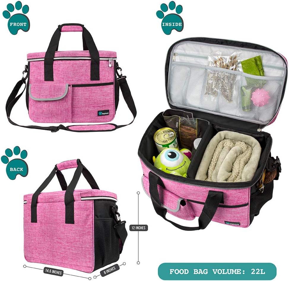 Dog Travel Bag, Travel Pet Bag Organizer, Dog Food Travel Bag with Food Container and Bowls, Dog Travel Supplies Gift Accessories for Weekend Camping, Dog Cat Diaper Bag (Pink, Medium) - Image 2