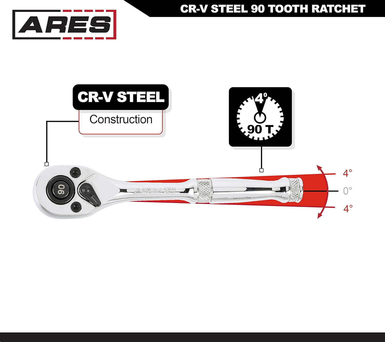42048-3-Piece 90 Tooth Ratchet Set - Premium Chrome Vanadium Steel Construction & Mirror Polish Finish - Quick Release for Easy Socket Change - 90-Tooth Reversible Design with 4 Degree Swing - Image 2