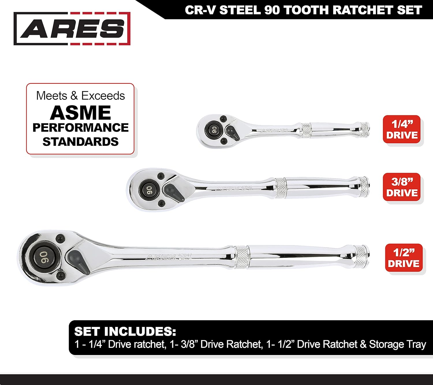 42048-3-Piece 90 Tooth Ratchet Set - Premium Chrome Vanadium Steel Construction & Mirror Polish Finish - Quick Release for Easy Socket Change - 90-Tooth Reversible Design with 4 Degree Swing - Image 4