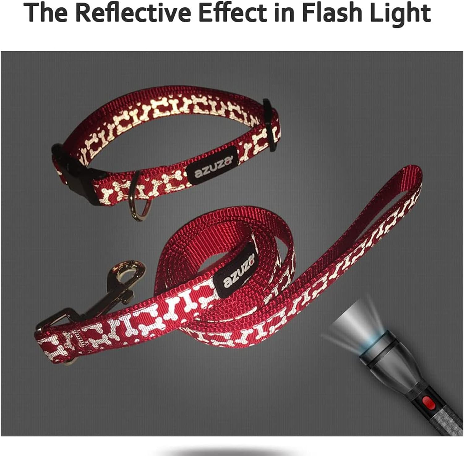 New Year Dog Collar and Leash Set, Adjustable Nylon Collar with Matching Leash for Small Dogs, Foil Printing Dog Bone Pattern, Red - Image 2