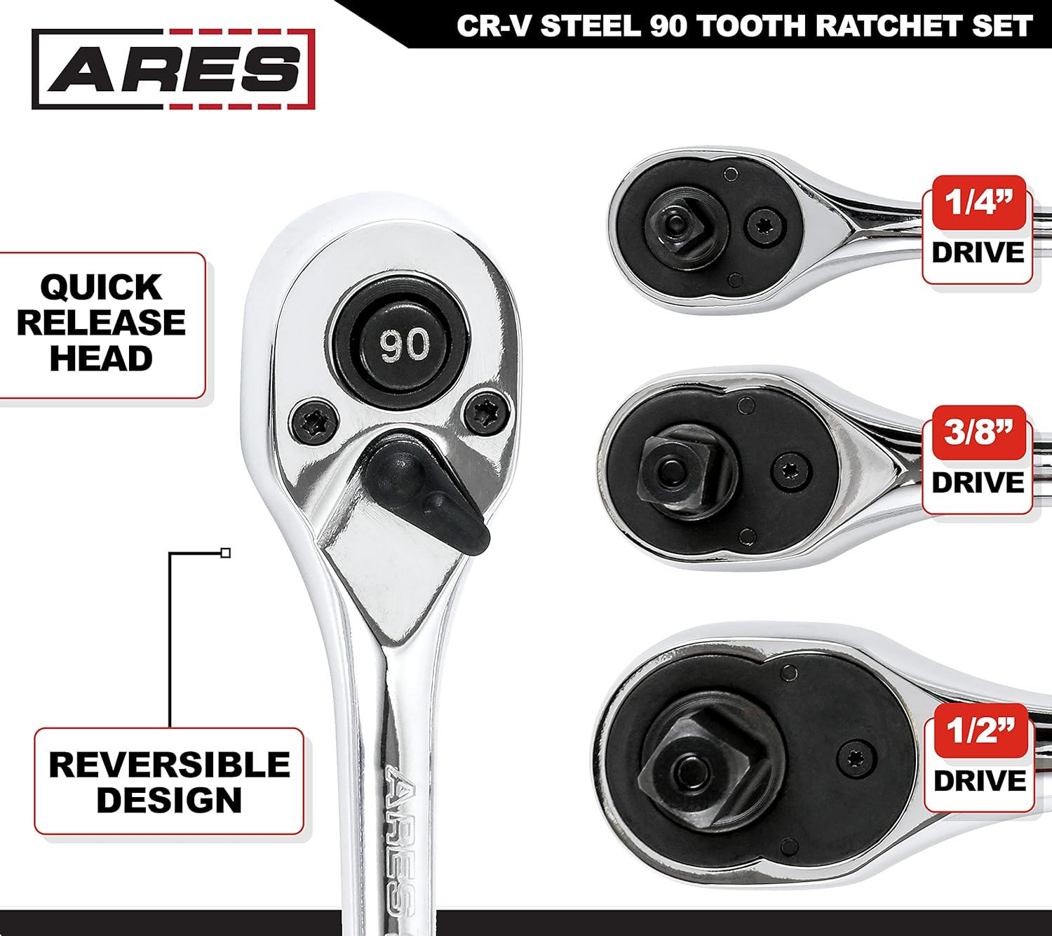 42048-3-Piece 90 Tooth Ratchet Set - Premium Chrome Vanadium Steel Construction & Mirror Polish Finish - Quick Release for Easy Socket Change - 90-Tooth Reversible Design with 4 Degree Swing - Image 3