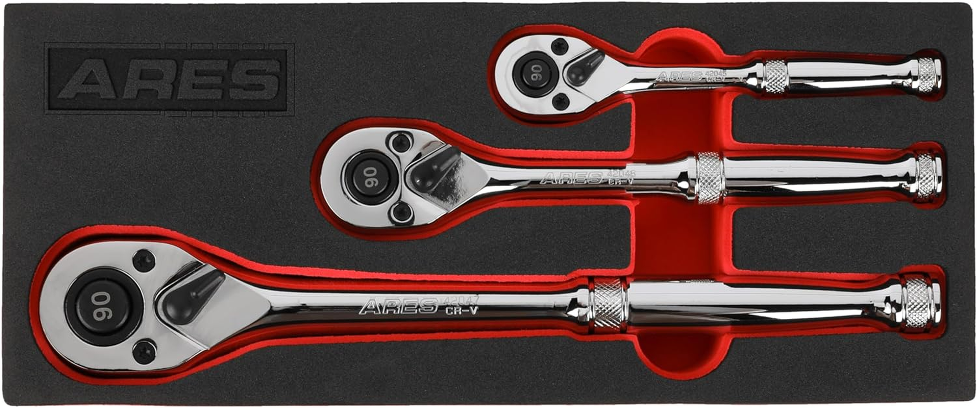 42048-3-Piece 90 Tooth Ratchet Set - Premium Chrome Vanadium Steel Construction & Mirror Polish Finish - Quick Release for Easy Socket Change - 90-Tooth Reversible Design with 4 Degree Swing