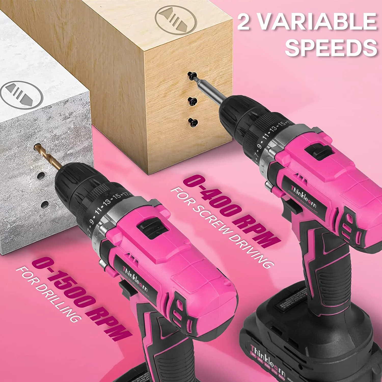 Pink Cordless Drill Set, 20V Lithium-Ion Power Drill Set for Women with 67Pcs Drill Driver Bits, 3/8"Keyless Chuck, 25+1 Position Electric Drill, 2.0Ah Battery, Fast Charger and Storage Bag - Image 8